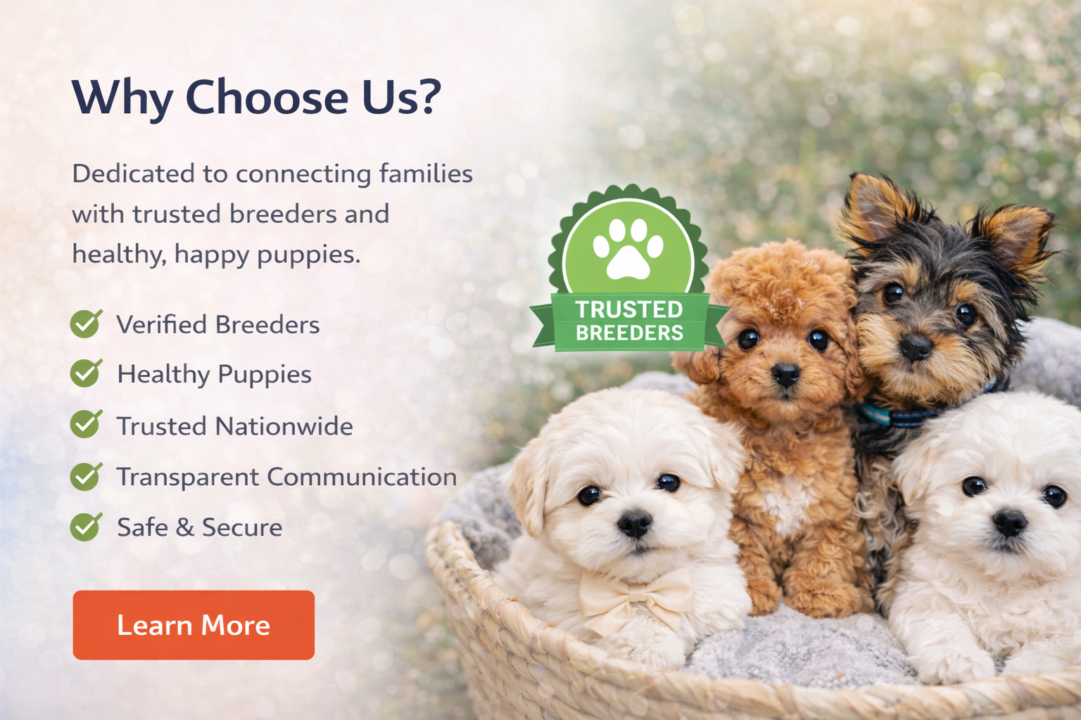 Marketing graphic for findusapuppies.com showing a "Trusted Breeder" badge and happy puppies in a basket.