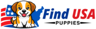 Find USA Puppies logo featuring a beagle puppy illustration and a blue map of the United States.